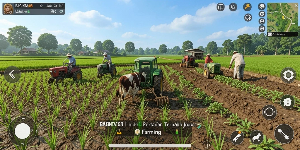 Tangkapan layar gameplay <strong>BAGINTA168</strong> menampilkan petani sedang merawat ladang.