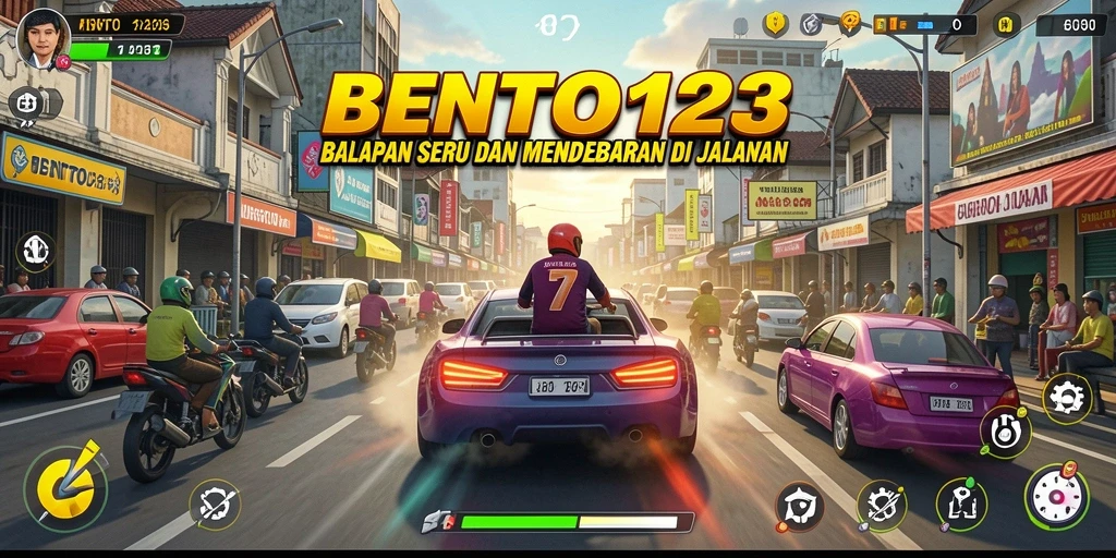 Screenshot gameplay BENTO123 menampilkan balapan seru di lintasan kota.