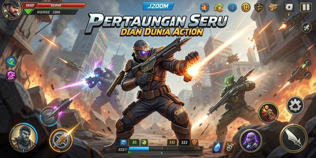 Screenshot J200M menampilkan pertarungan intens di arena yang megah.