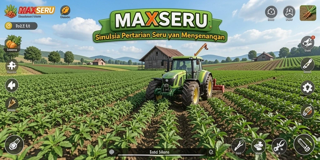 Tangkapan layar gameplay MAXSERU menunjukkan suasana pertanian yang cerah dan interaktif.
