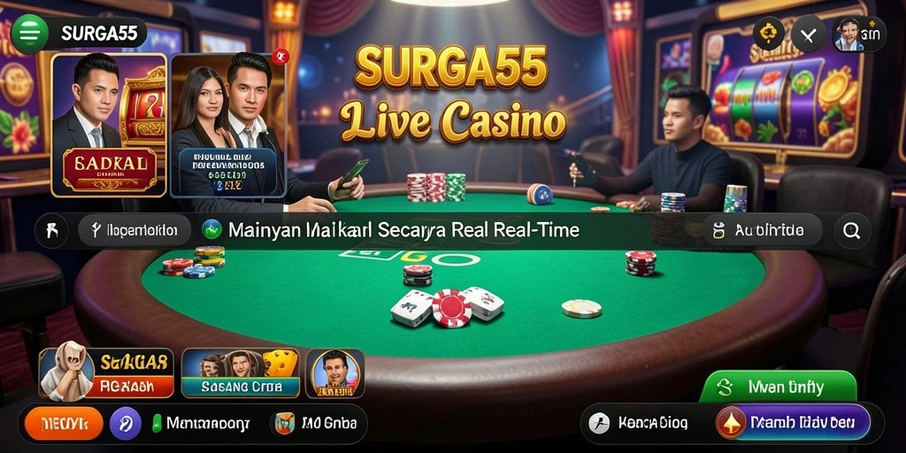 Screenshot SURGA55 menunjukkan dealer profesional dan permainan Live Casino yang seru.