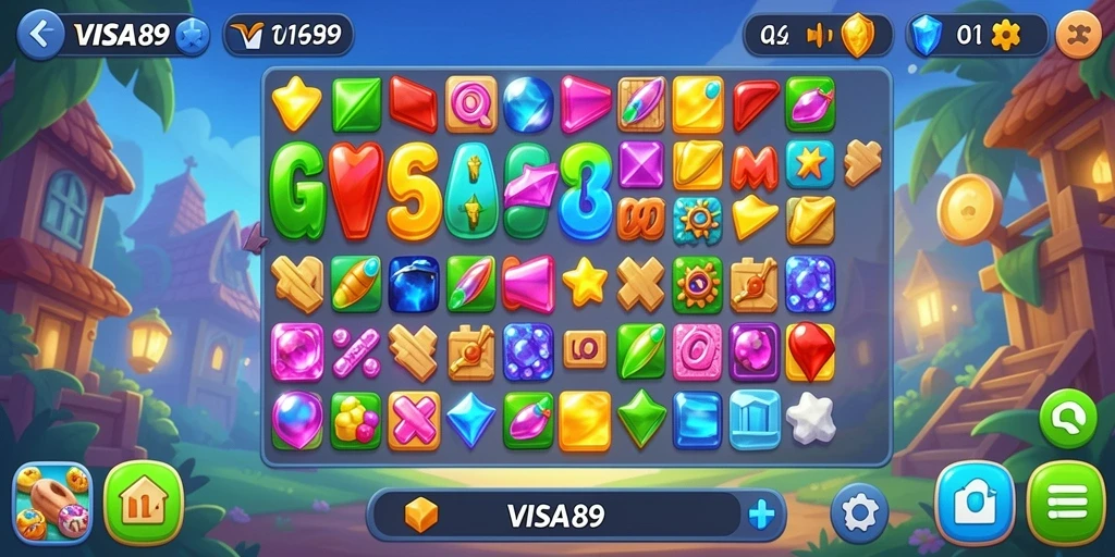 Screenshot menampilkan gameplay seru di <strong>VISA89</strong> dengan elemen Match-3 yang menantang.